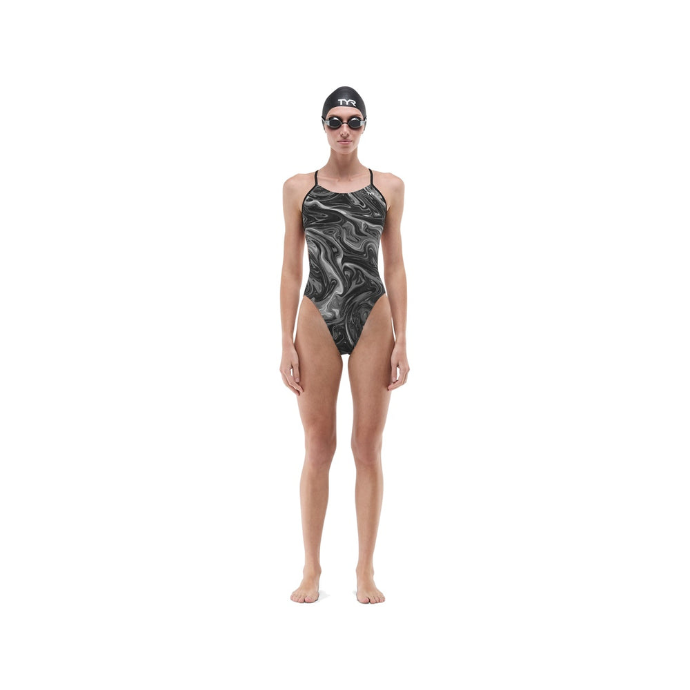 TYR Womens Olea Cutoutfit swimsuit in titanium, showcasing a stylish one-piece design with cutouts and sleek fabric.