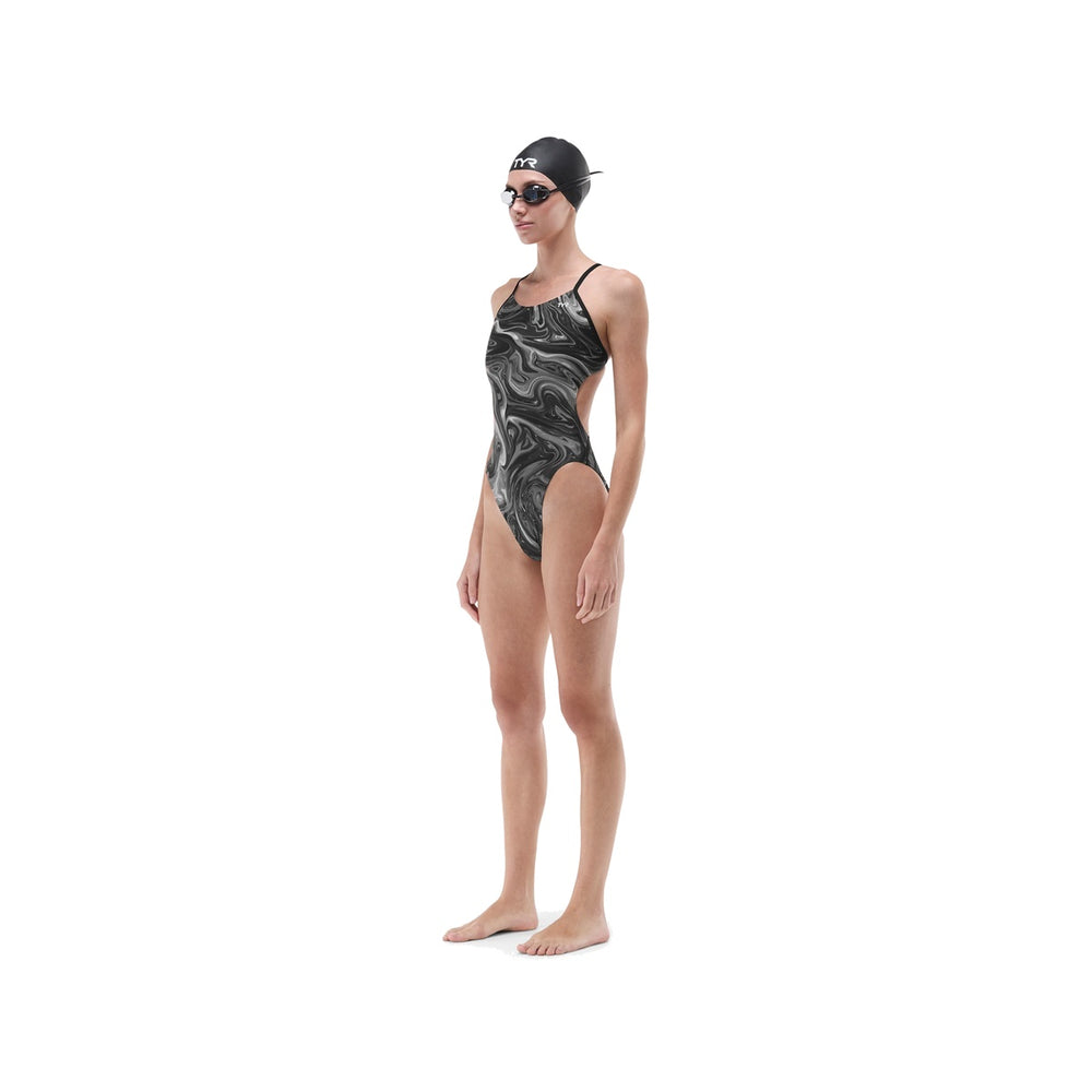 TYR Women's Olea Cutoutfit swimsuit in titanium, featuring a sleek design with cutout details, perfect for swimming and beachwear.