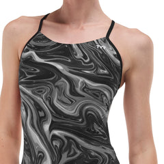 TYR Womens Olea Cutoutfit Swimsuit in titanium, featuring stylish cutouts and sleek design for swimming or beachwear.