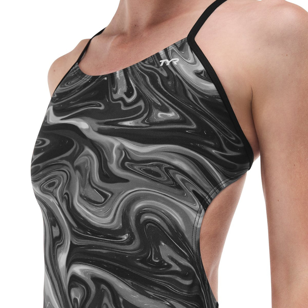TYR Womens Olea Cutoutfit Titanium swimsuit with sleek design and cutout details, perfect for swimming and beach outings.