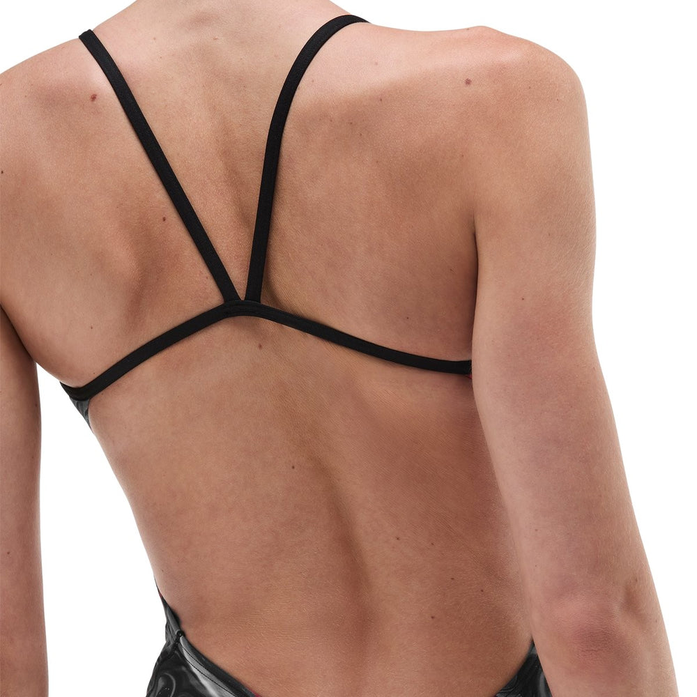 TYR Womens Olea Cutoutfit Titanium swimsuit featuring a sleek design with cutouts, ideal for active swimming and beachwear.