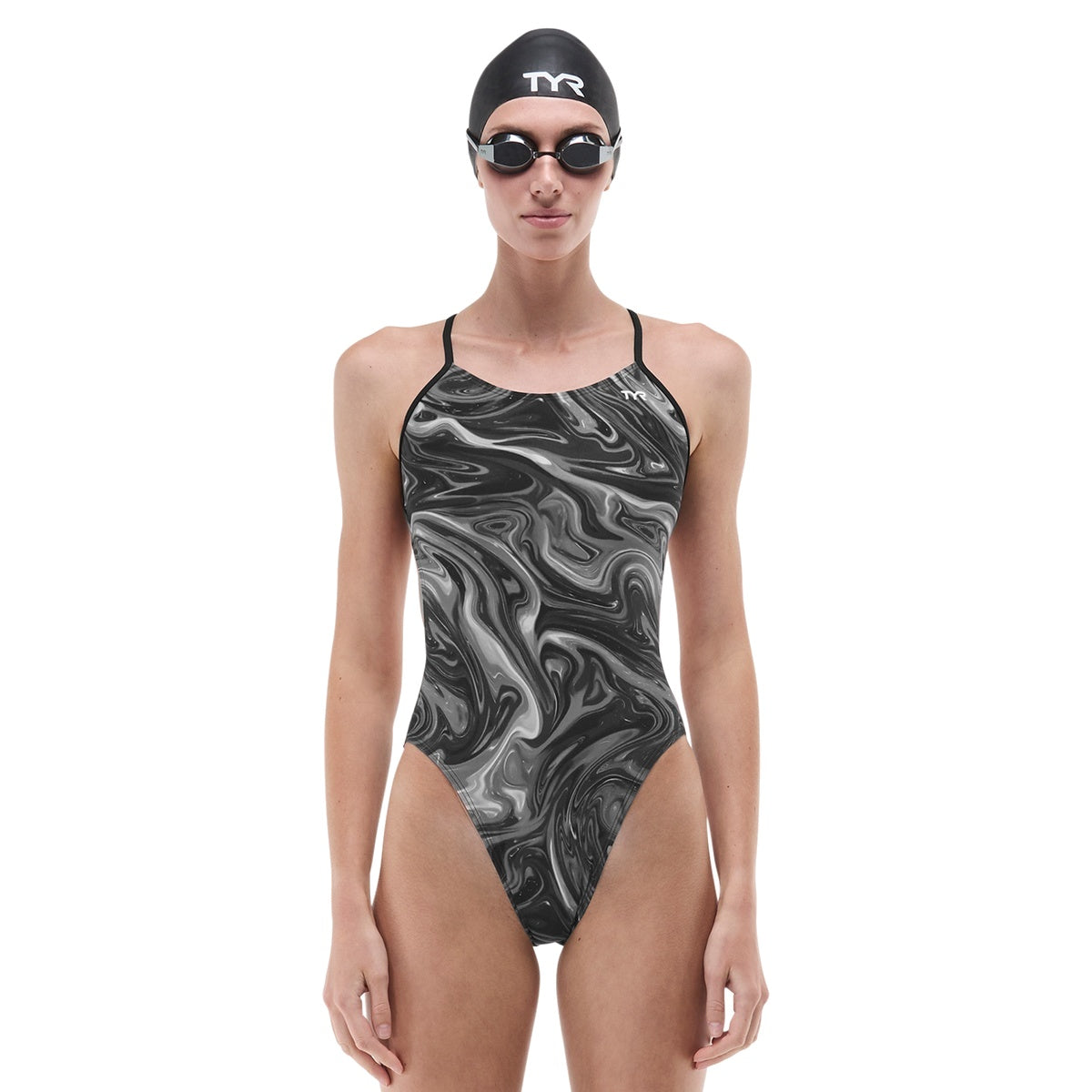 TYR Womens Olea Cutoutfit Swimsuit in titanium, featuring sleek design and cutout details, ideal for athletic swimming and beachwear.