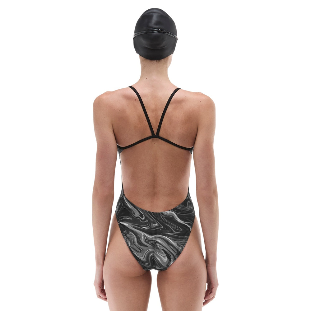 TYR womens Olea cutout swimsuit in titanium with sleek design and moderate coverage, perfect for swimming and beachwear.