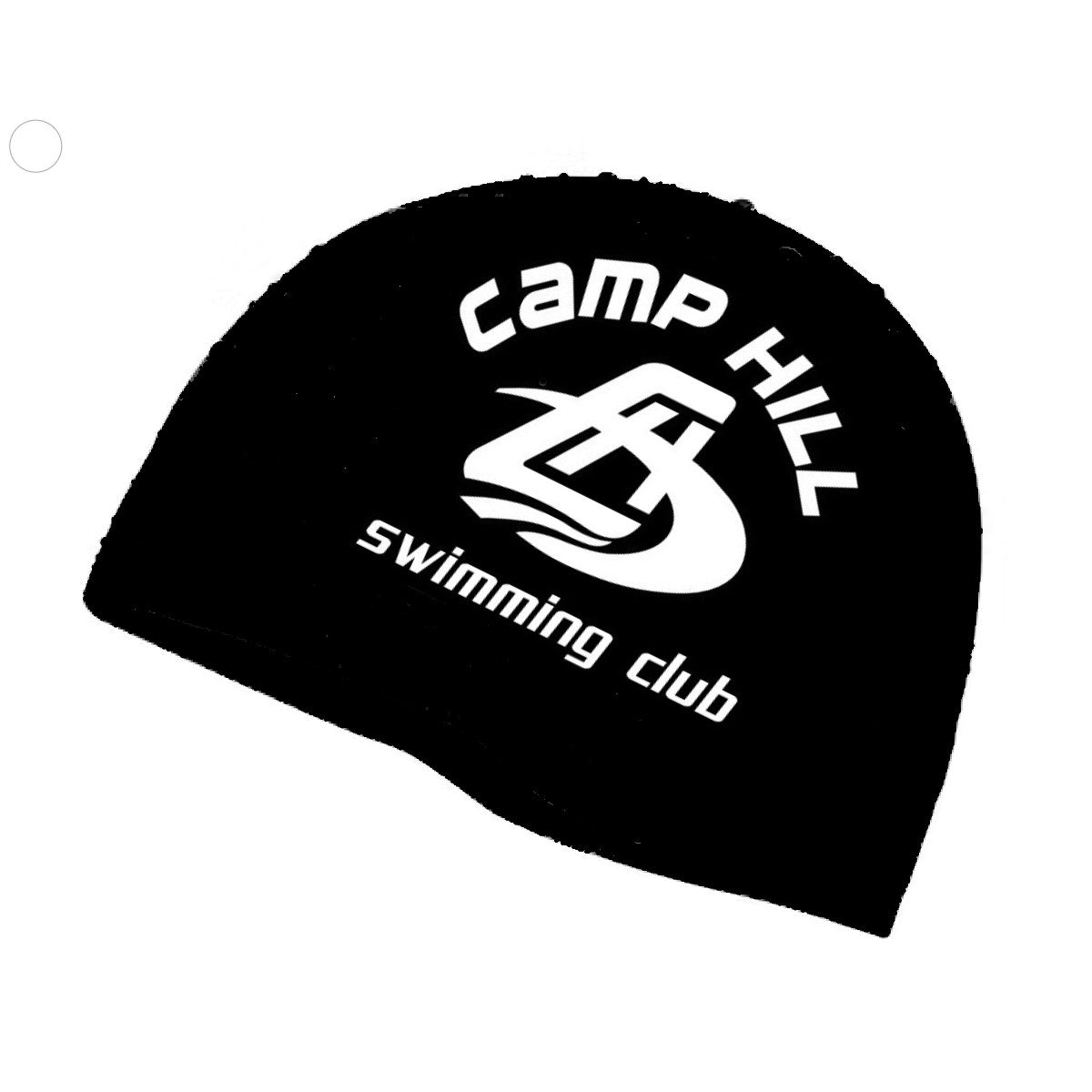 Black and white AK Club Kit Camp Hill Racing logo cap, swim hat with adjustable fit and sporty design.