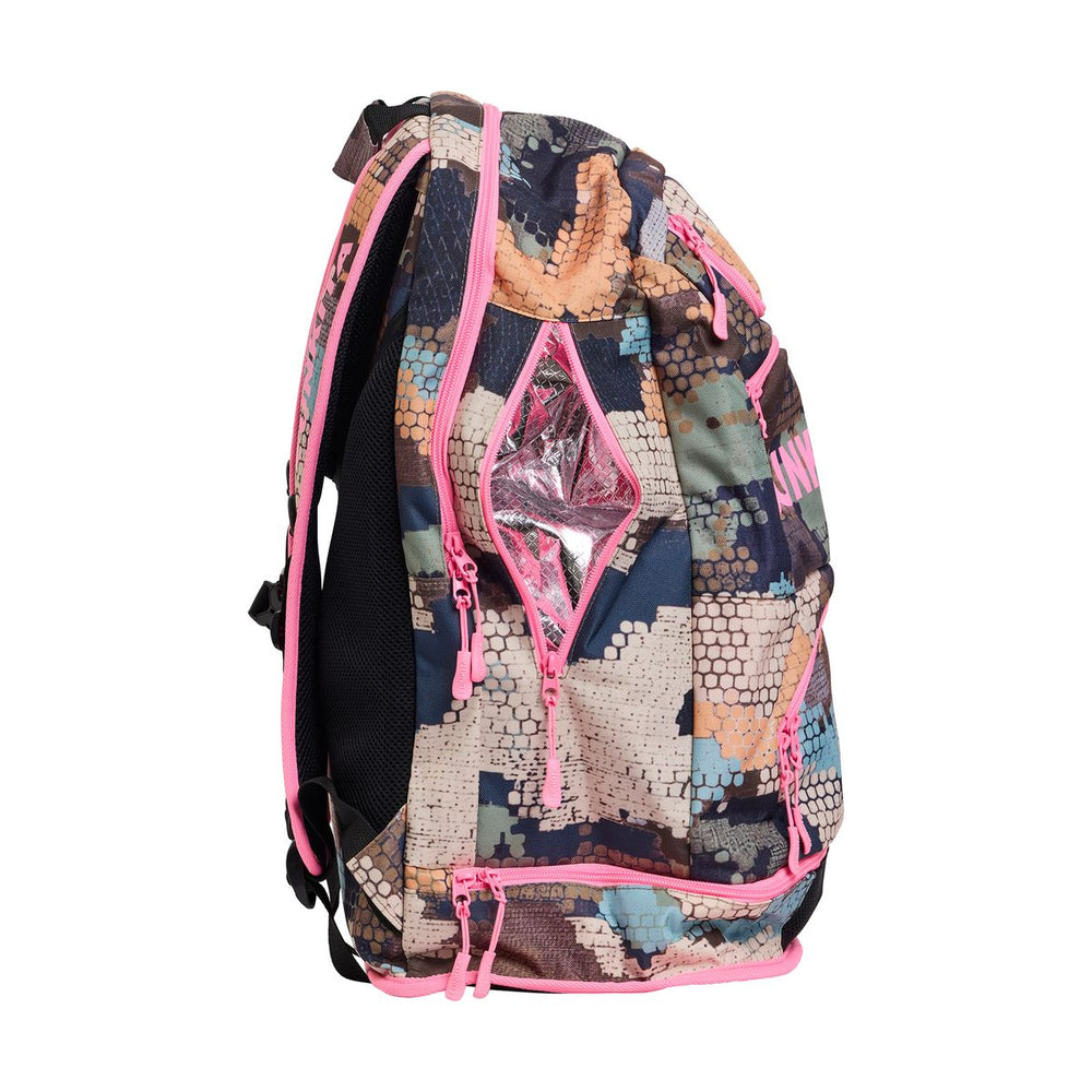 Way Funky Bilko Baby Elite Squad backpack in multi-color with playful design, featuring adjustable straps and front zip pocket.