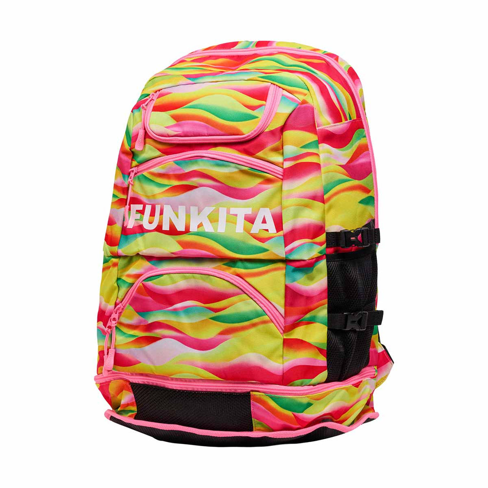 Way Funky Custard Cakes Elite Squad backpack in vibrant multi colors, featuring a playful cartoon design and adjustable straps