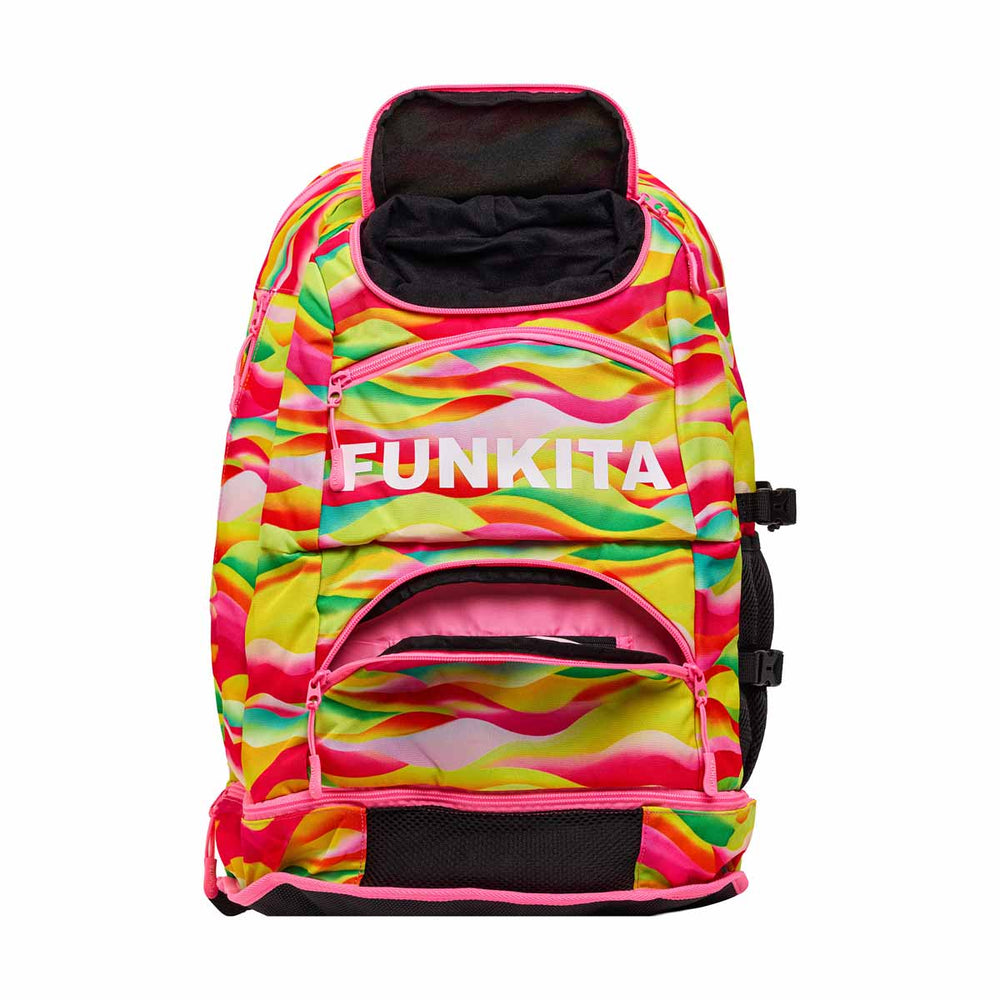 Way Funky Custard Cakes Elite Squad backpack in multi-color design with adjustable straps and front zip pocket, casual and stylish.