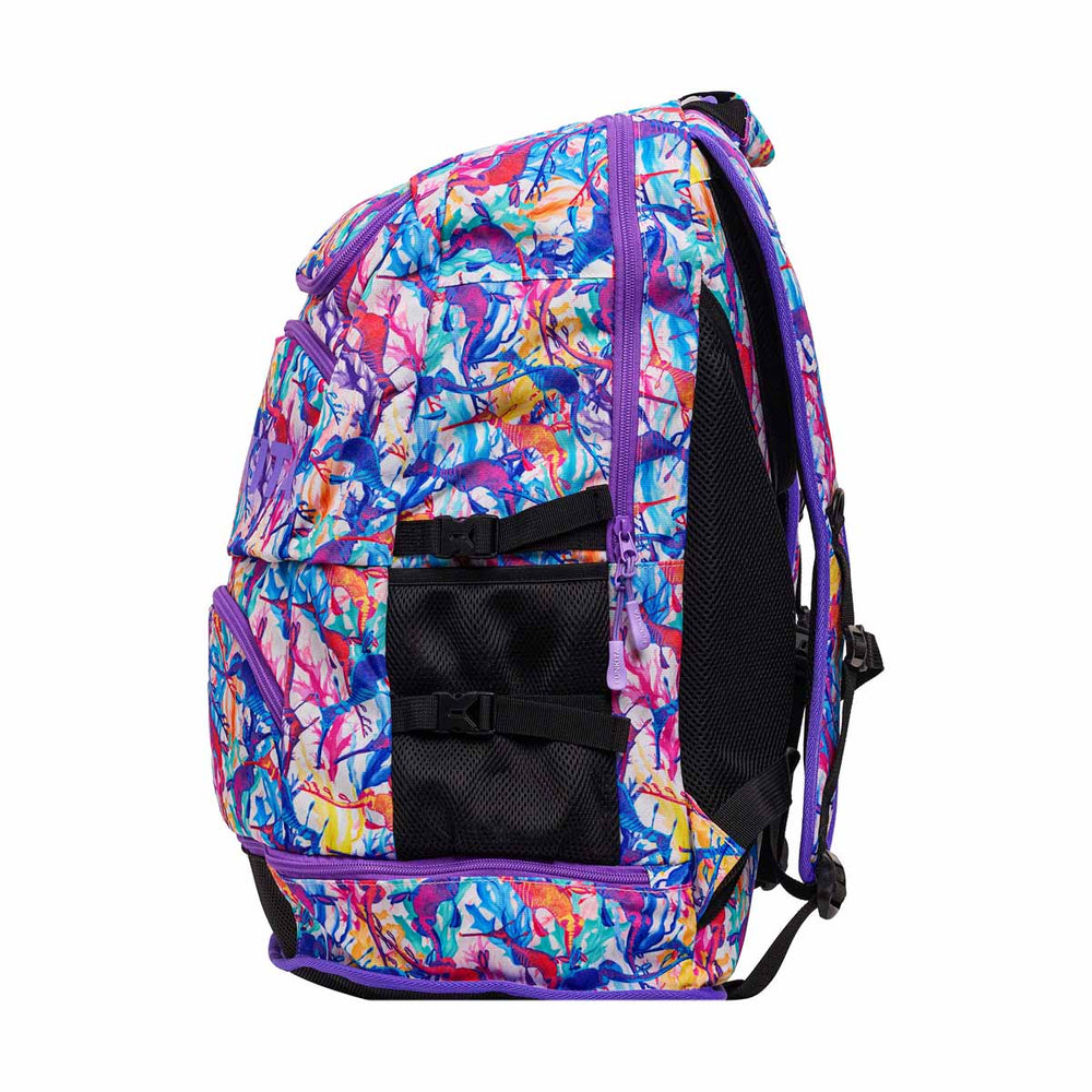 Way Funky Dreamy Weedy Elite Squad backpack in multi-color with bold weed leaf patterns and adjustable straps.