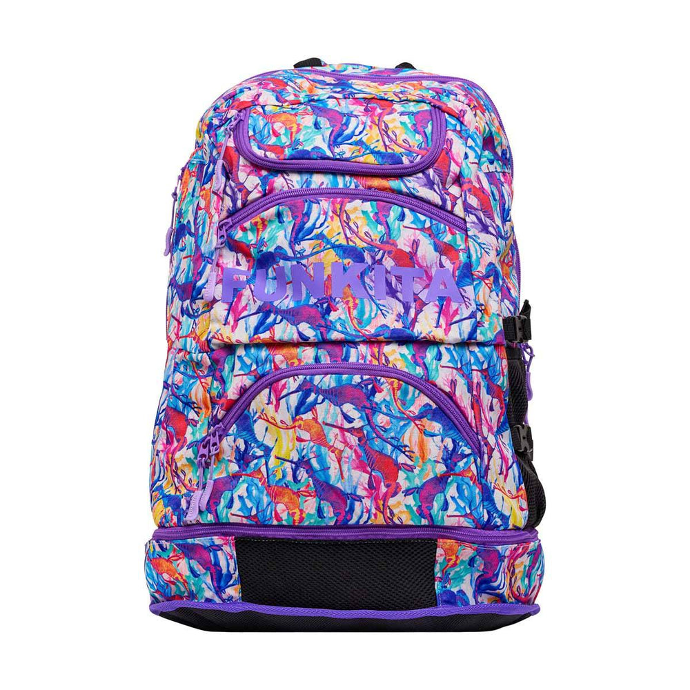 Way Funky Dreamy Weedy Elite Squad backpack featuring colorful weed leaf designs and adjustable straps.