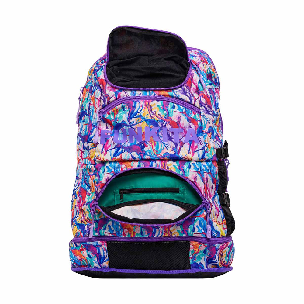 Way Funky Dreamy Weedy Elite Squad backpack in multicolor with bold floral and weed-themed design, front zipper pocket, and adjustable straps.