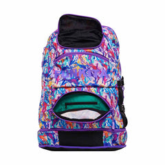 Way Funky Dreamy Weedy Elite Squad backpack in multicolor with bold floral and weed-themed design, front zipper pocket, and adjustable straps.