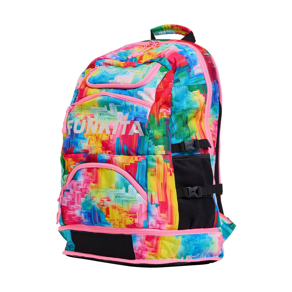 Way Funky Falling Colours Elite Squad backpack featuring vibrant multicolored design and adjustable straps.