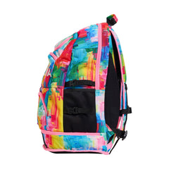 Way Funky Falling Colours Elite Squad backpack with vibrant multicolor design, featuring adjustable straps and multiple compartments.