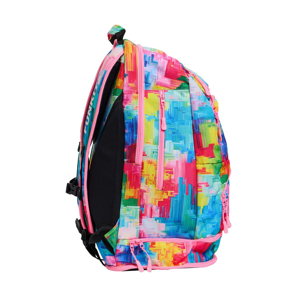 Way Funky Falling Colours Elite Squad backpack with vibrant multicolor design, featuring adjustable straps and spacious main compartment.