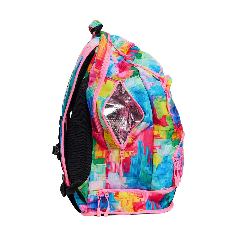 Way Funky Falling Colours Elite Squad backpack in multi-color design, showing the vibrant, patterned fabric and adjustable shoulder straps.