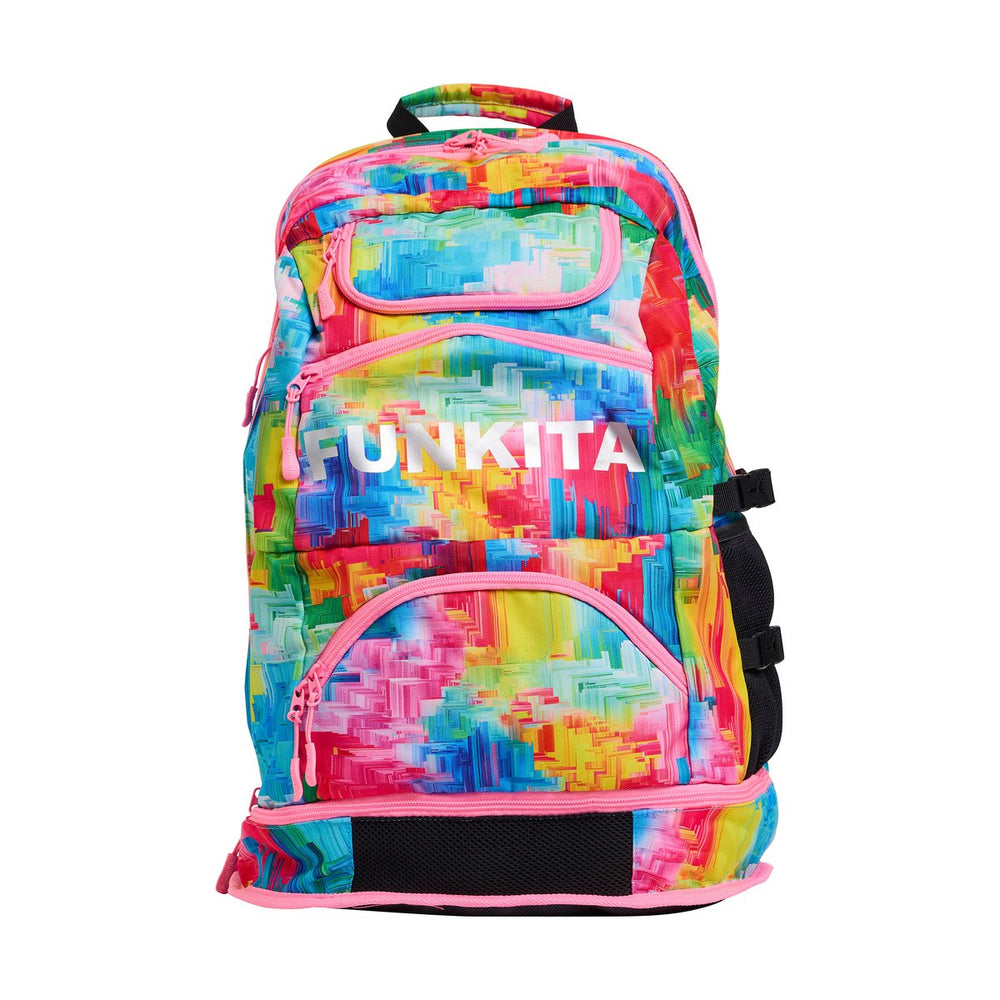 Way Funky Falling Colours Elite Squad backpack with vibrant multicolor design, featuring multiple compartments and adjustable straps.