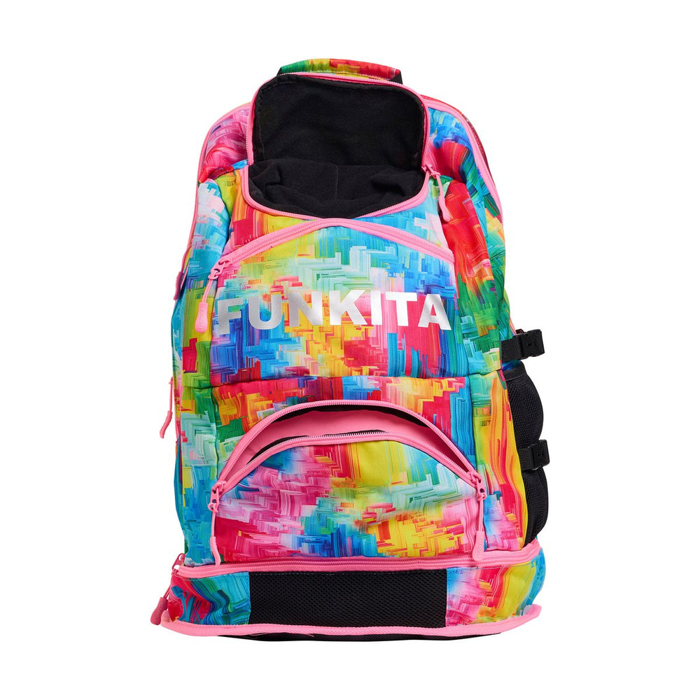 Way Funky Falling Colours Elite Squad backpack in vibrant multi-colored design with adjustable straps and multiple compartments.