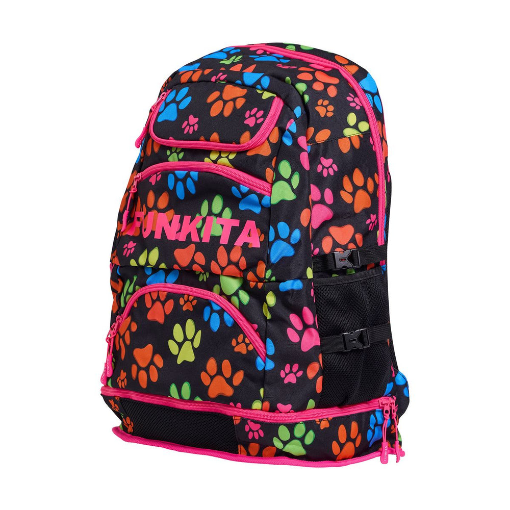 Way Funky Pawsome Elite Squad backpack in multi-color with paw print design, featuring adjustable straps and multiple compartments.