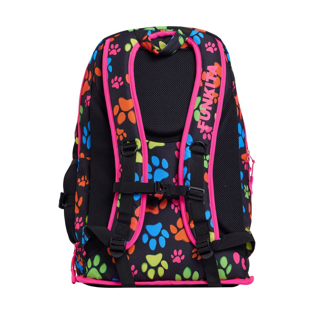 Way Funky Pawsome Elite Squad backpack in multicolor with adjustable straps and front pocket, featuring fun paw print design.