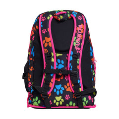 Way Funky Pawsome Elite Squad backpack in multicolor with adjustable straps and front pocket, featuring fun paw print design.