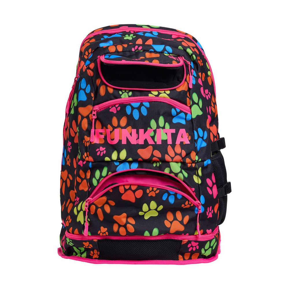 Way Funky Pawsome Elite Squad backpack featuring colorful paw print design, durable fabric, and adjustable straps.