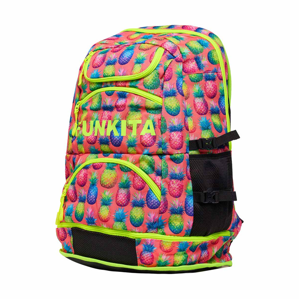 Pink and green Way Funky Pinky Piney Elite Squad backpack with multiple compartments and colorful design.