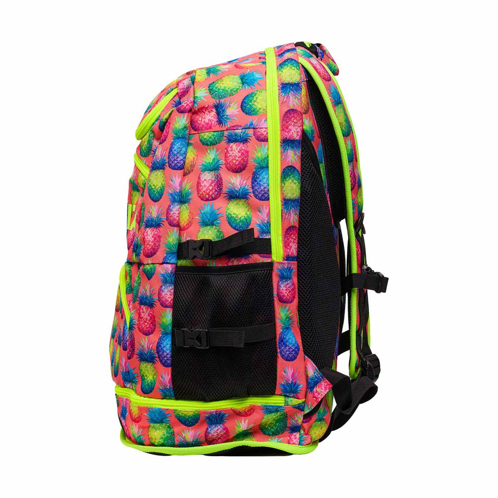 Pink and green Way Funky Pinky Piney Elite Squad backpack with multiple compartments and adjustable straps, front view.