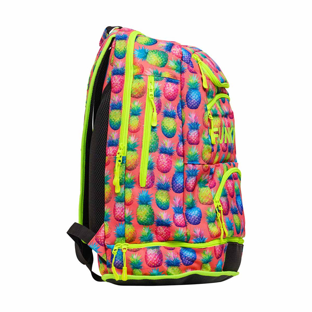 Way Funky Pinky Piney Elite Squad backpack in vibrant pink and green with multiple compartments and adjustable straps.