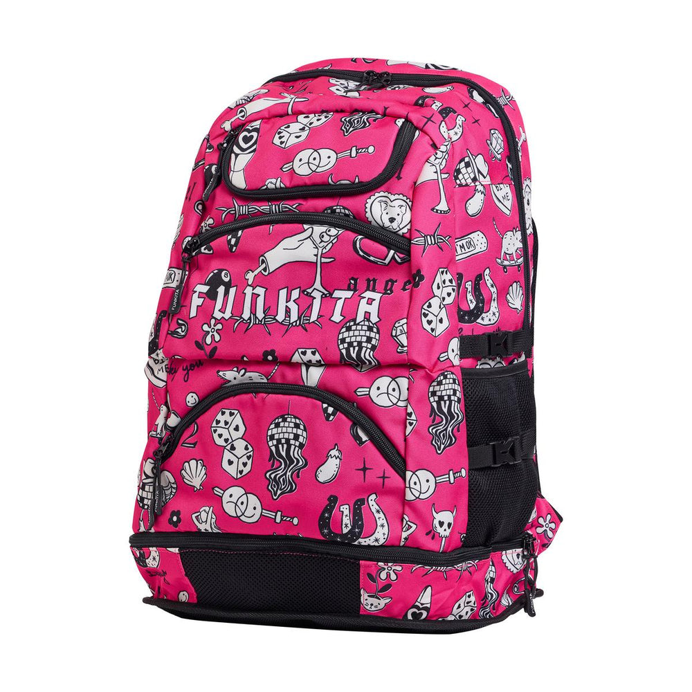 Way Funky Sketchy Elite Squad backpack in pink, black, and white with graphic sketchy design, featuring adjustable straps and multiple compartments.