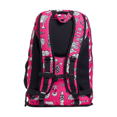 Pink, black, and white Way Funky Sketchy Elite Squad backpack with bold graphic design and adjustable straps.