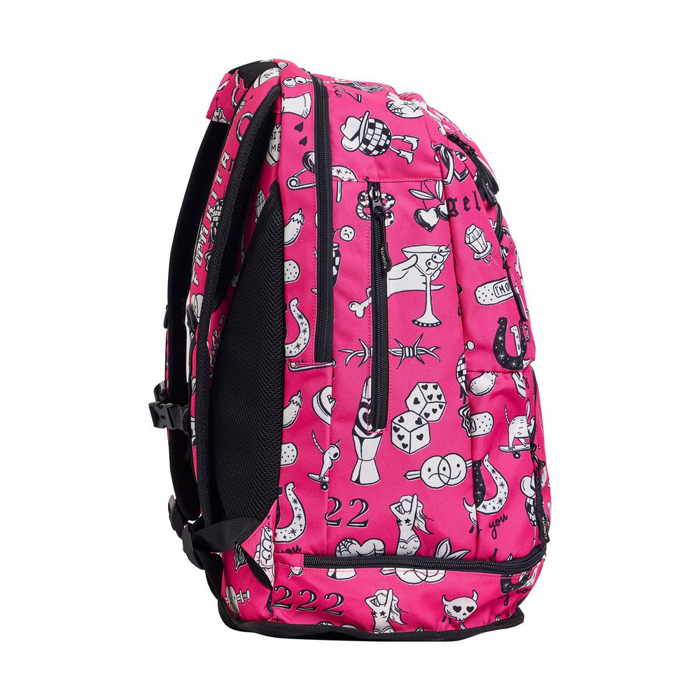Pink and black Way Funky Sketchy Elite Squad backpack with white accents, showing the front view with adjustable straps.