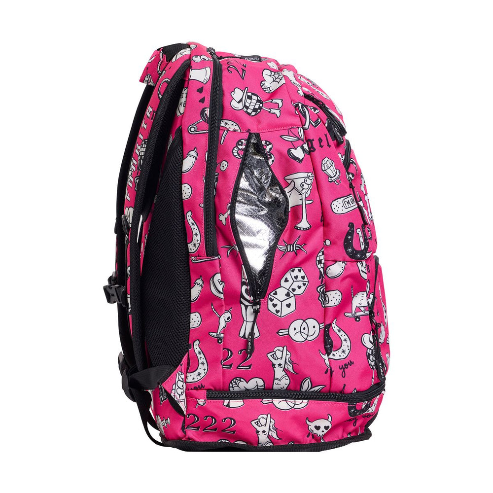 Pink and black Way Funky Sketchy Elite Squad backpack with white accents, featuring a bold, artistic design and multiple compartments.