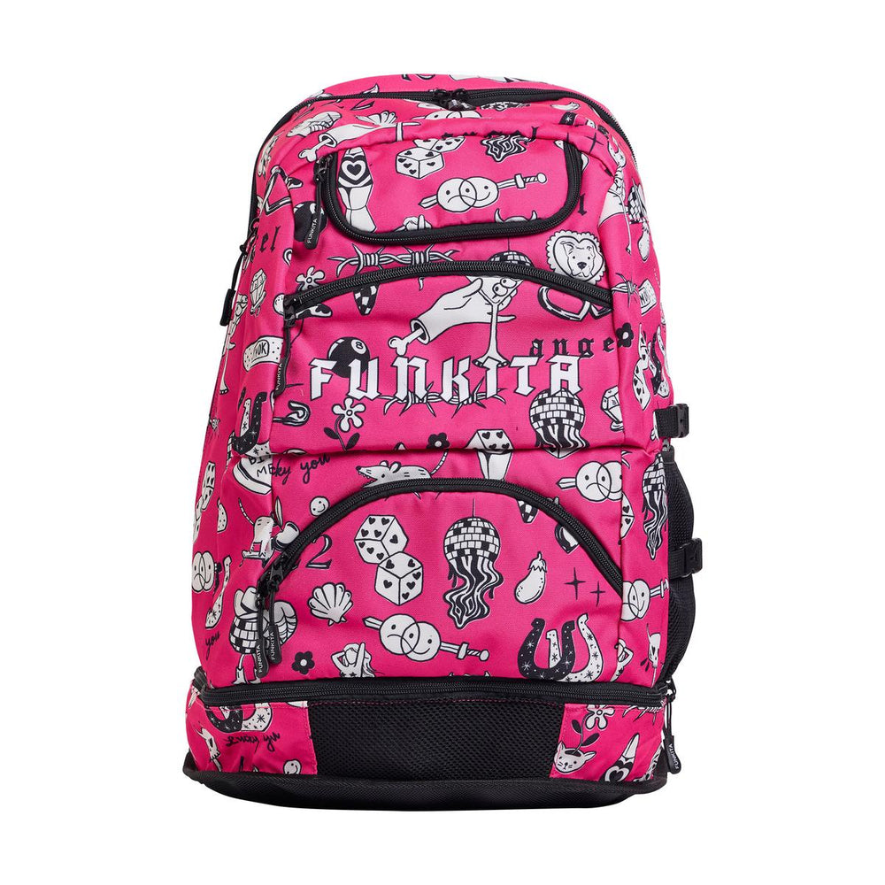 Way Funky Sketchy Elite Squad backpack in pink, black, and white with bold graphic design and adjustable straps.