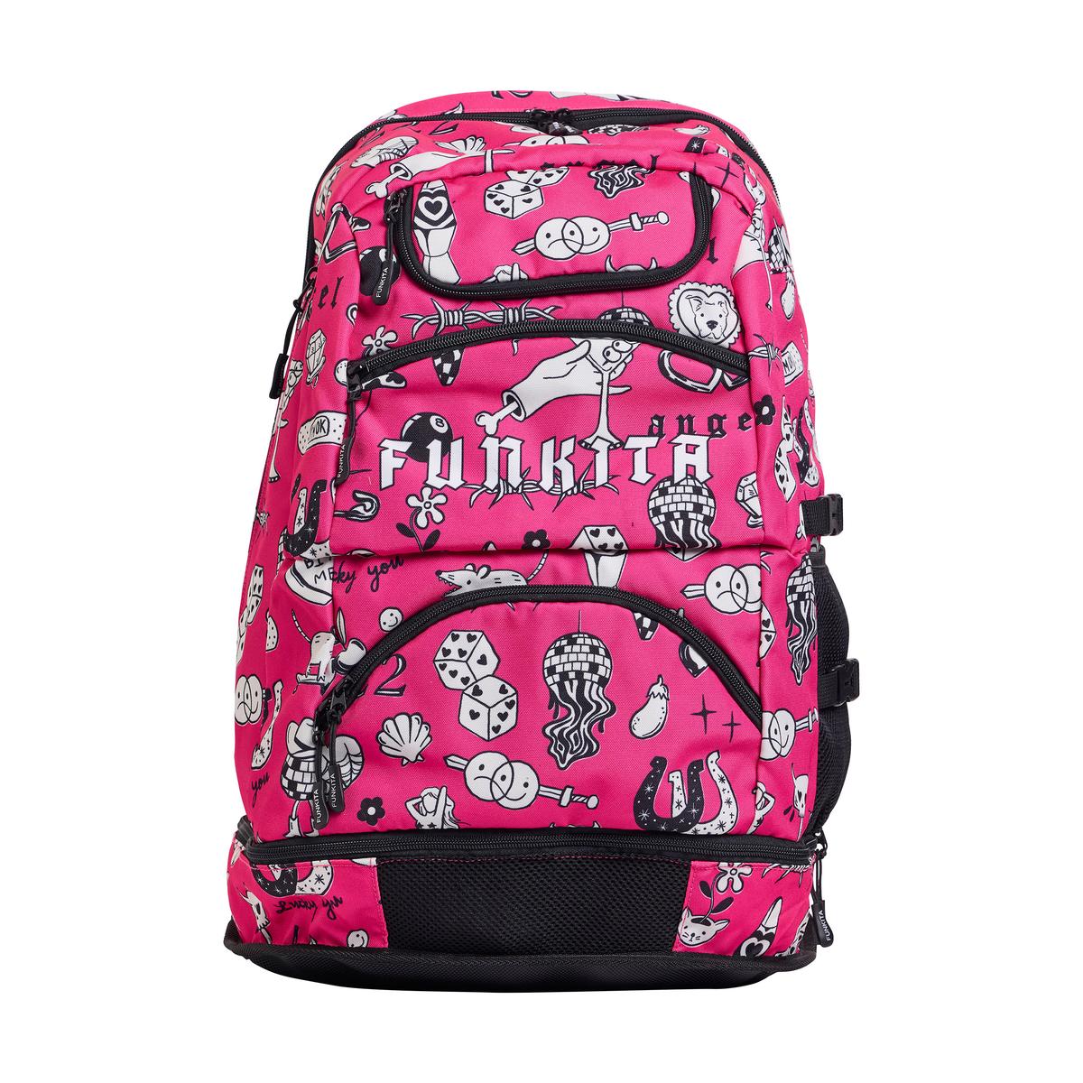 Way Funky Sketchy Elite Squad backpack in pink, black, and white with bold graphic design and adjustable straps.