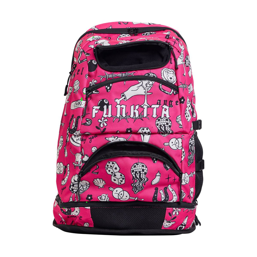 Way Funky Sketchy Elite Squad backpack in pink, black, and white, featuring a colorful sketchy design and adjustable straps.