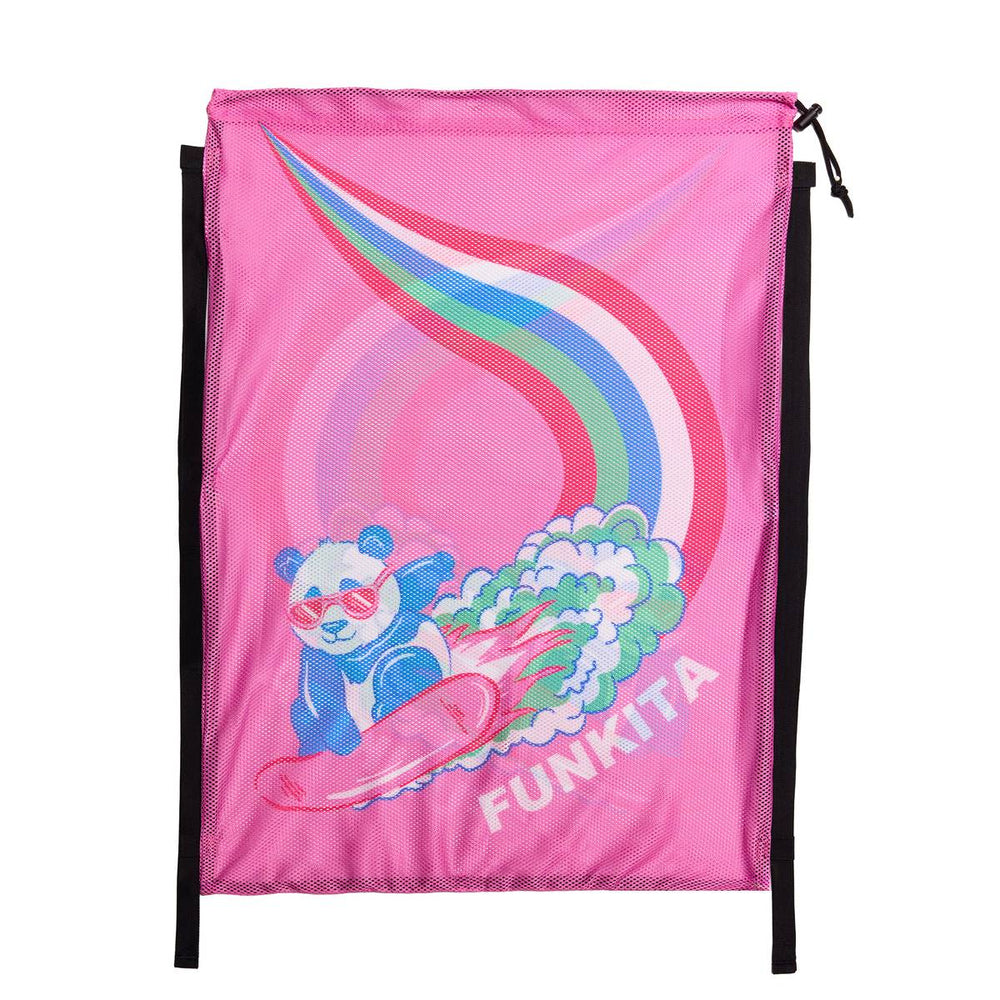 Pink and multi-colored Way Funky Sweet Surfers mesh gear bag with adjustable straps and spacious interior for surf gear storage.