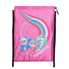 Pink and multi-colored Way Funky Sweet Surfers mesh gear bag with adjustable straps and spacious interior for surf gear storage.