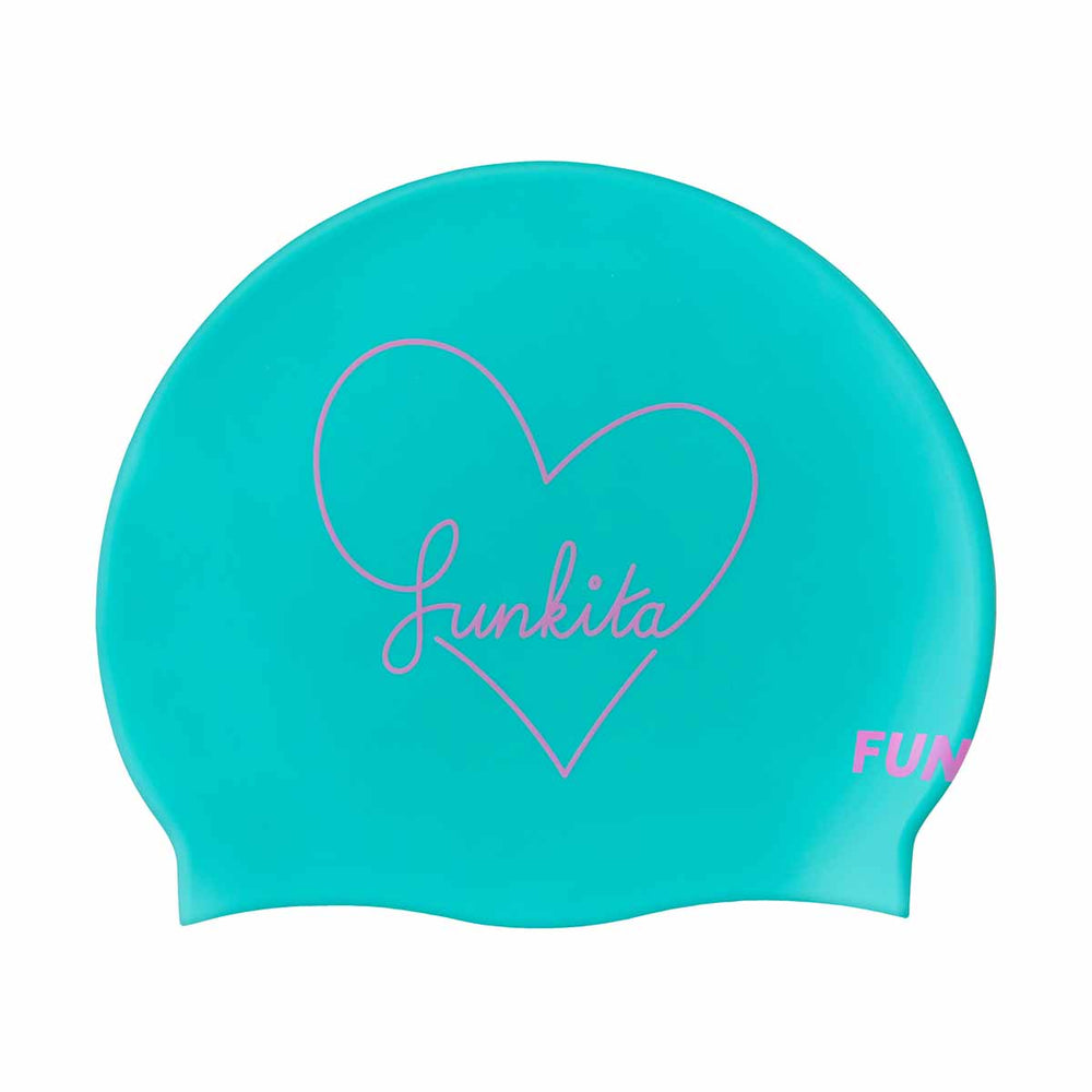 Blue and pink Way Funky Love Too seamless swim cap made of smooth, stretchy material, designed for comfortable swimming.