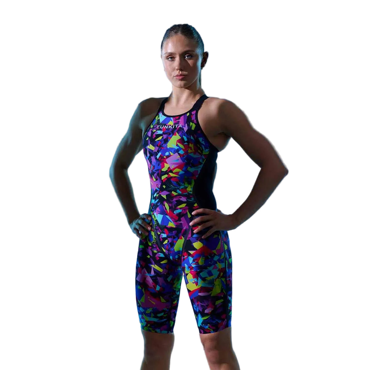 Funkita Women's Apex Oblivion Destroyer kneesuit in multi-color with sleek design and full-length coverage, suitable for competitive swimming.