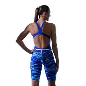 Funkita women's Apex Oblivion Pace Racer kneesuit in blue with sleek design and racing fit for competitive swimming.
