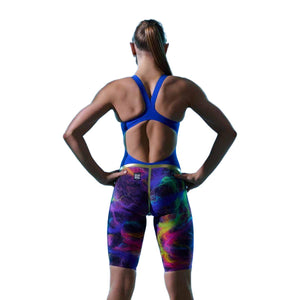 Funkita women's Apex Oblivion Solar Flares kneesuit in multicolor, close-up of sleek, form-fitting swimwear with vibrant patterns.
