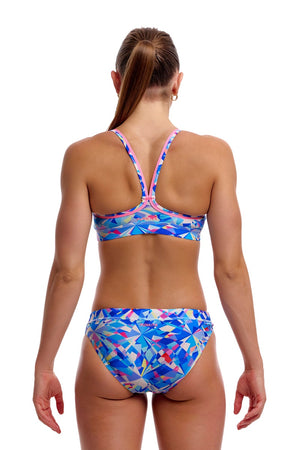 Funkita women's Crystal Mess sports bikini top in vibrant multi-colored design, featuring a sleek tankini style with supportive fit.