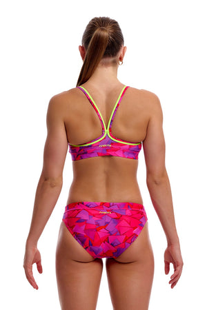 Funkita women's try pink sports tankini top in pink and multi-colored pattern, designed for swimming and active wear.