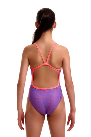 Funkita girls single strap one-piece swimsuit in purple and pink with "Add Me Babe" design, featuring a stylish and comfortable fit.
