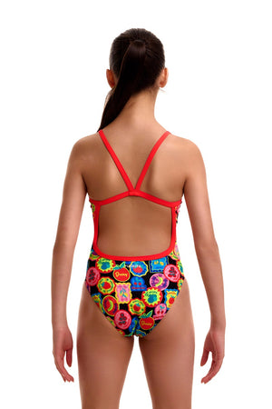 Funkita girls Berry Good single strap one-piece swimsuit in vibrant multi-color design, featuring a sleek fit and bright pattern.
