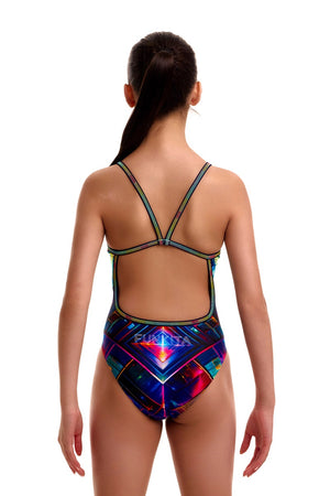 Funkita Girls Firefly Sparkle single strap one-piece swimsuit with colorful sparkle pattern, designed for girls' swimwear.