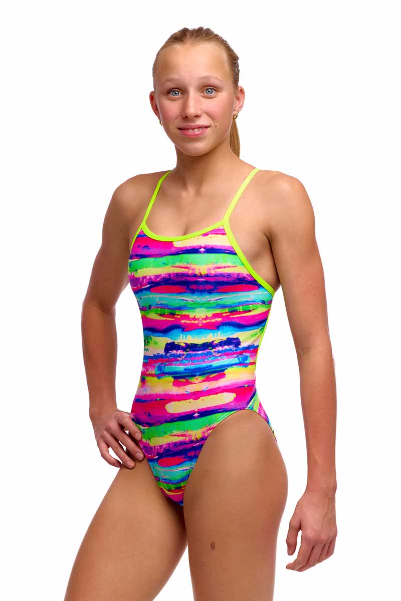 Funkita girls paint patch single strap one-piece swimsuit in vibrant multi-color design, ideal for swimming and beach activities.