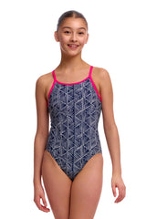 Funkita Girls Stickler Diamond Back One Piece Swimsuit - Black/White/Pink