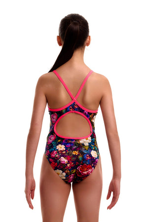 Funkita girls Bed Of Roses diamond back one-piece swimsuit featuring colorful floral pattern and supportive design.