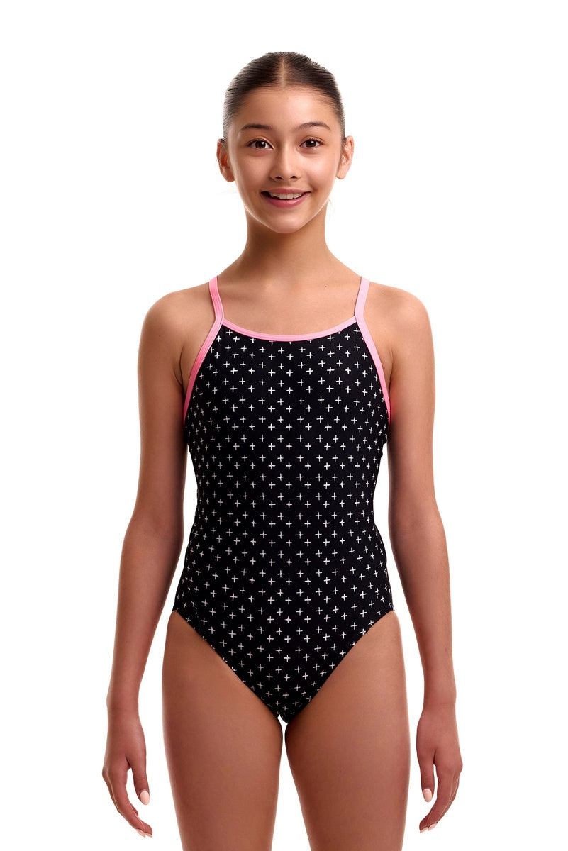 Funkita Girls Be Positive Diamond Back One Piece Swimsuit - Black/Pink